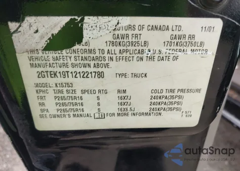 2002 GMC Sierra 1500 Sle z USA, uszkodzony, nr VIN 2GTEK19T121221780